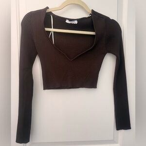 Double Zero Women’s Small Long Sleeve Ribbed Crop Top Brown V-Neck Sweater